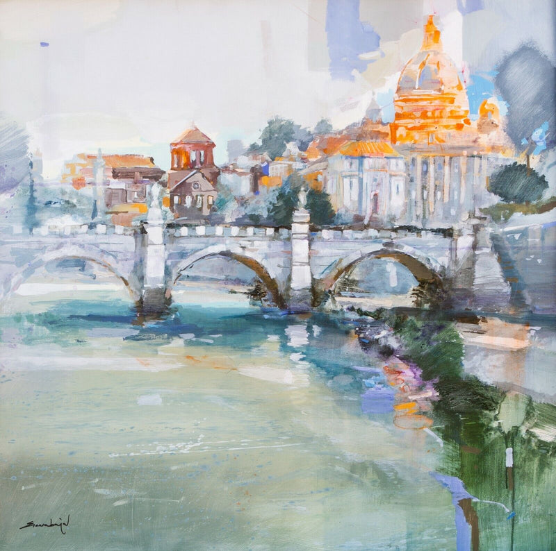 § DAVID ESCARABAJAL 'RIVER REFLECTIONS I' CITY SCENE OIL ON CANVAS SIGNED