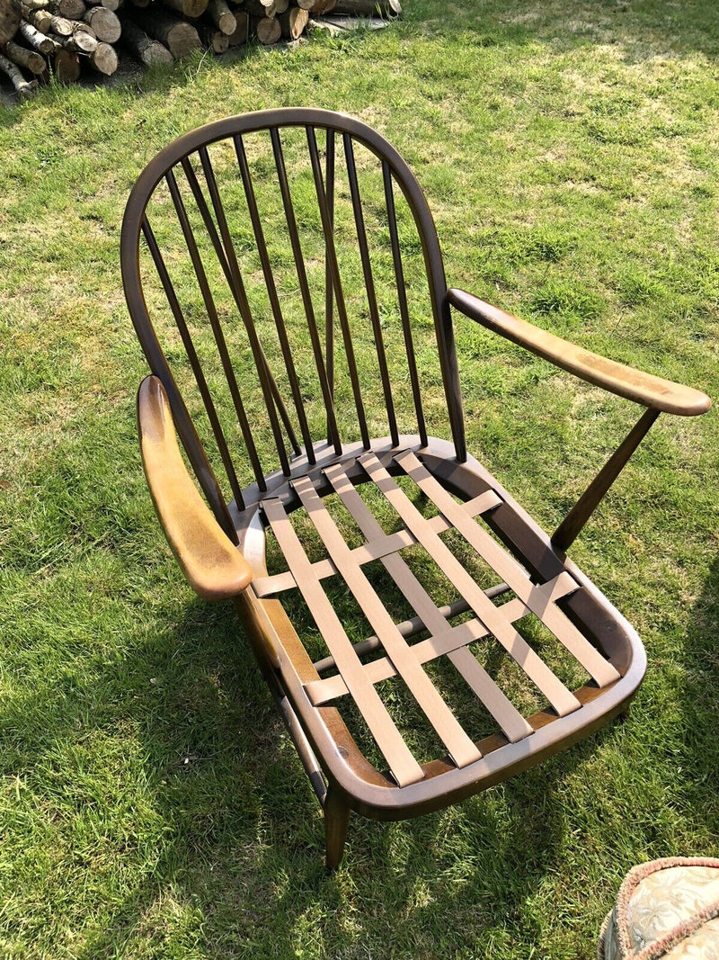 MID-CENTURY RETRO ERCOL WINDSOR No.203 EASY LOUNGE ARM CHAIRS PAIR & FOOTSTOOL