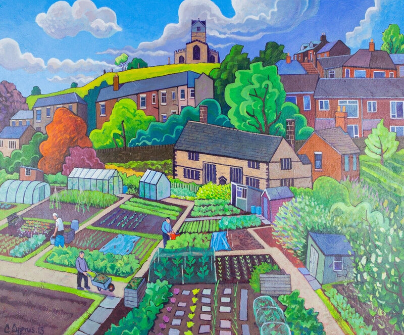 CHRIS CYPRUS 'ALLOTMENTS 2013' ST LEONARDS CHURCH SCENE ACRYLIC ON CANVAS SIGNED