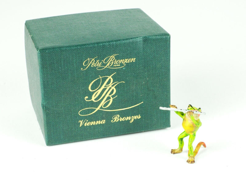 PETRI BRONZE, FROG ON FLUTE, AUSTRIAN COLD PAINTED BRONZE TOAD FIGURE MODEL