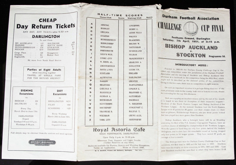 BISHOP AUCKLAND AFC v STOCKTON, 7/4/1951 DURHAM CHALLENGE CUP FINAL PROGRAMME