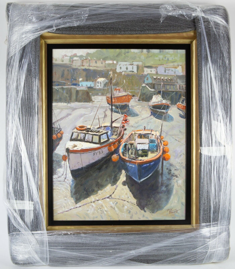 § TONY FORREST 'LOW TIDE' MEVAGISSEY CORNWALL COASTAL HARBOUR BOATS, OIL ON CANVAS, SIGNED