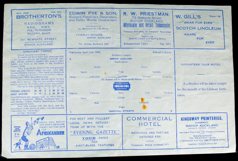 BISHOP AUCKLAND AFC v FERRYHILL ATHLETIC, 21/4/1948 NORTHERN LEAGUE PROGRAMME