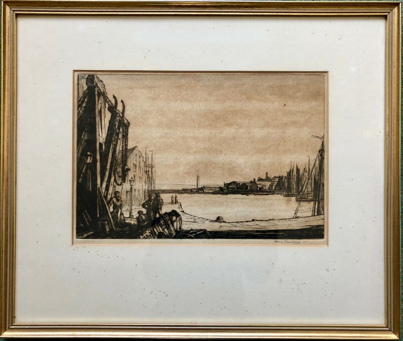 SIR HENRY GEORGE RUSHBURY RA, DOCKYARD HARBOUR SCENE, ETCHING, SIGNED