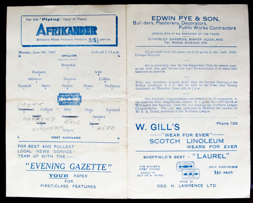 SHILDON v WEST AUCKLAND 9/6/1947 BISHOP AUCKLAND AFC MATCHDAY FOOTBALL PROGRAMME