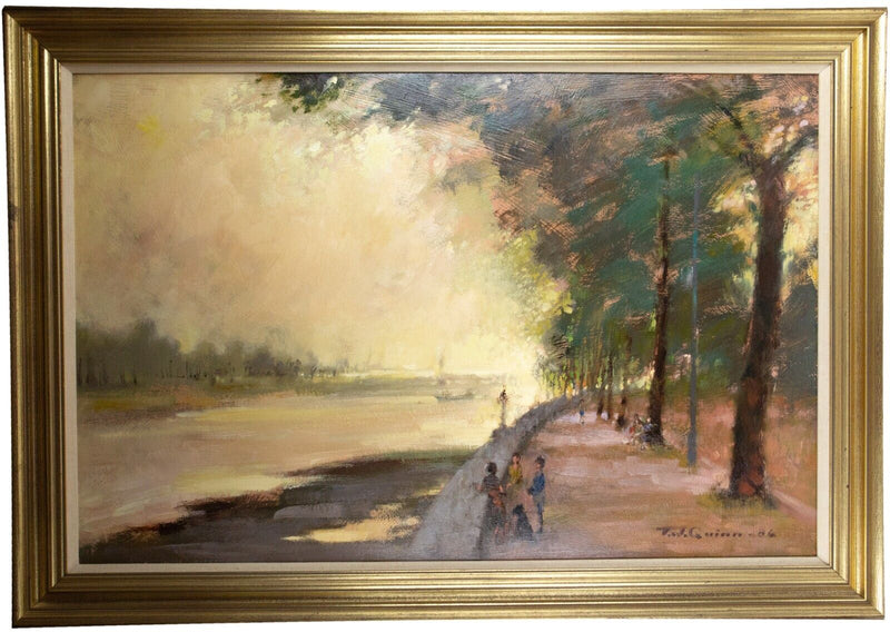 TOM QUINN, FIGURES ALONG THE RIVER, LANDSCAPE, OIL ON BOARD, SIGNED