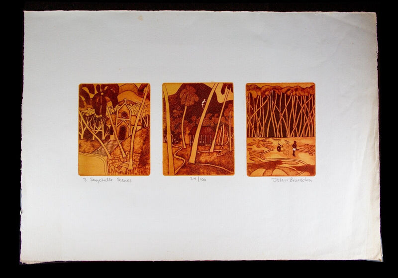 JOHN BRUNSDON 'THREE SEYCHELLES SCENES' LIMITED EDITION ETCHING PRINT, SIGNED