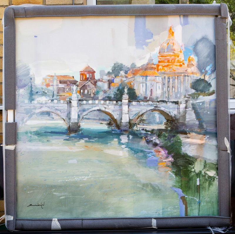 § DAVID ESCARABAJAL 'RIVER REFLECTIONS I' CITY SCENE OIL ON CANVAS SIGNED