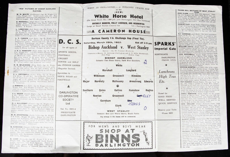BISHOP AUCKLAND AFC v WEST STANLEY, 29/3/1952 DURHAM CH' CUP FINAL PROGRAMME