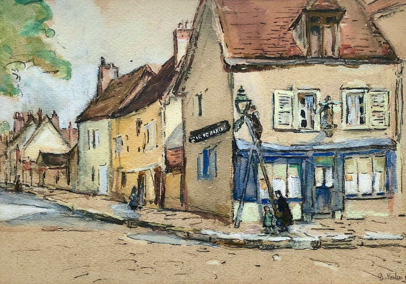GERTRUDE KEELING, LAMP LIGHTER TOWN STREET SCENE STUDY, GOUACHE, SIGNED