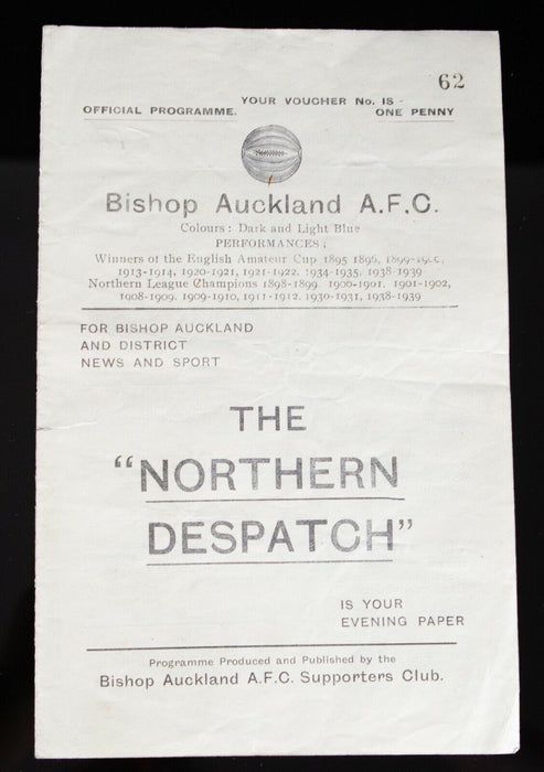 BISHOP AUCKLAND AFC v FERRYHILL ATHLETIC, 6/4/1946 DURHAM BOWL S/FINAL PROGRAMME