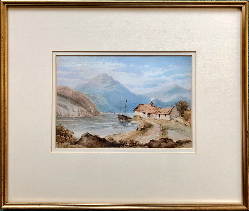 RICHARD PRINCIPAL LEITCH - MOUNTAINOUS LAKE LOCH BOAT COTTAGE SIGNED WATERCOLOUR