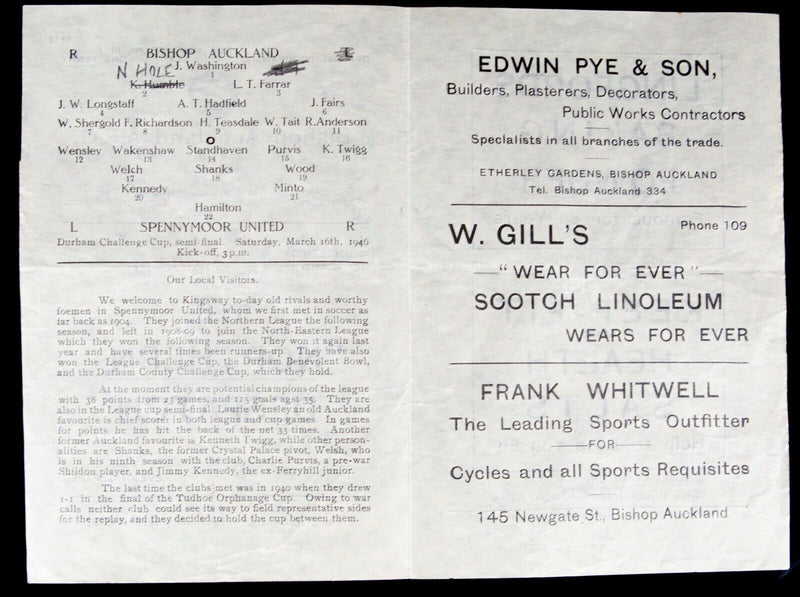 BISHOP AUCKLAND AFC v SPENNYMOOR UNITED, 16/3/1946 DURHAM CUP S/FINAL PROGRAMME