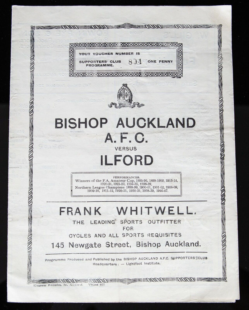 BISHOP AUCKLAND AFC v ILFORD, 28/1/1950 FA AMATEUR CUP 2nd ROUND PROGRAMME