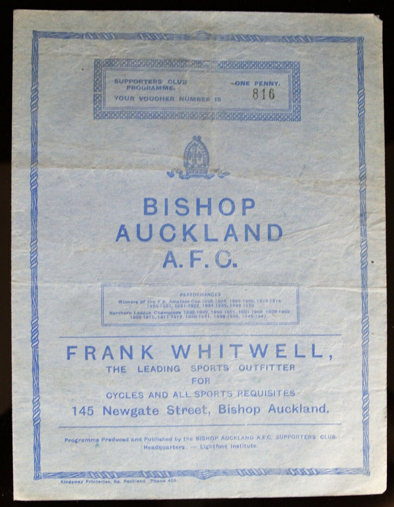BISHOP AUCKLAND AFC v NORTON WOODSEATS, 14/2/1948 FA AMATEUR CUP 3rd R PROGRAMME