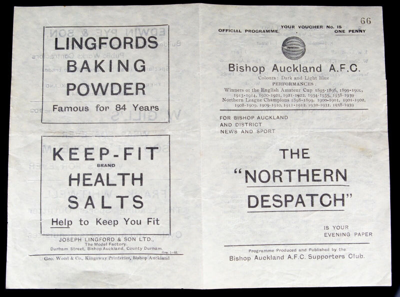 BISHOP AUCKLAND AFC v SPENNYMOOR UNITED, 16/3/1946 DURHAM CUP S/FINAL PROGRAMME
