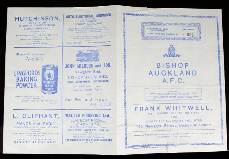 BISHOP AUCKLAND AFC v WILLINGTON, 5/4/1948 NORTHERN LEAGUE FOOTBALL PROGRAMME