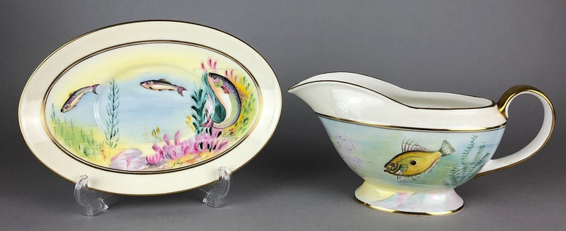 MINTON, JOHN DORY & TROUT, SUMNER/WOBY FISH SAUCE BOAT GRAVY JUG POT DISH STAND