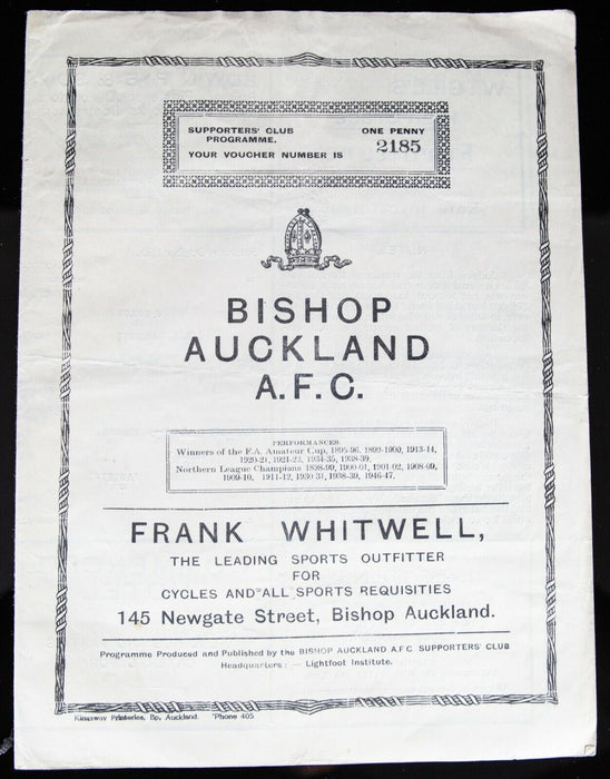 BISHOP AUCKLAND AFC v CROOK, 16/10/1948 NORTHERN LEAGUE FOOTBALL PROGRAMME