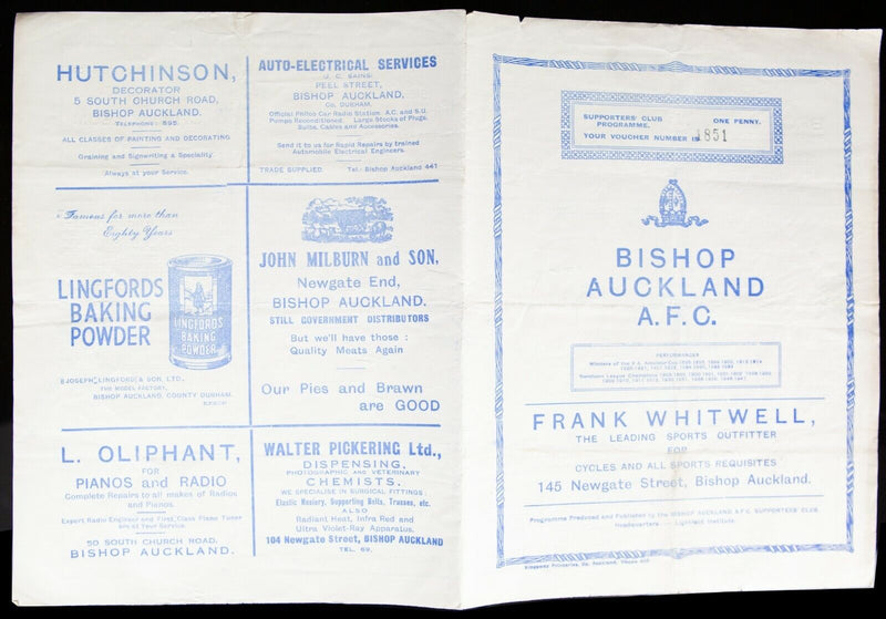 BISHOP AUCKLAND AFC v CROOK, 3/1/1948 NORTHERN LEAGUE FIXTURE FOOTBALL PROGRAMME