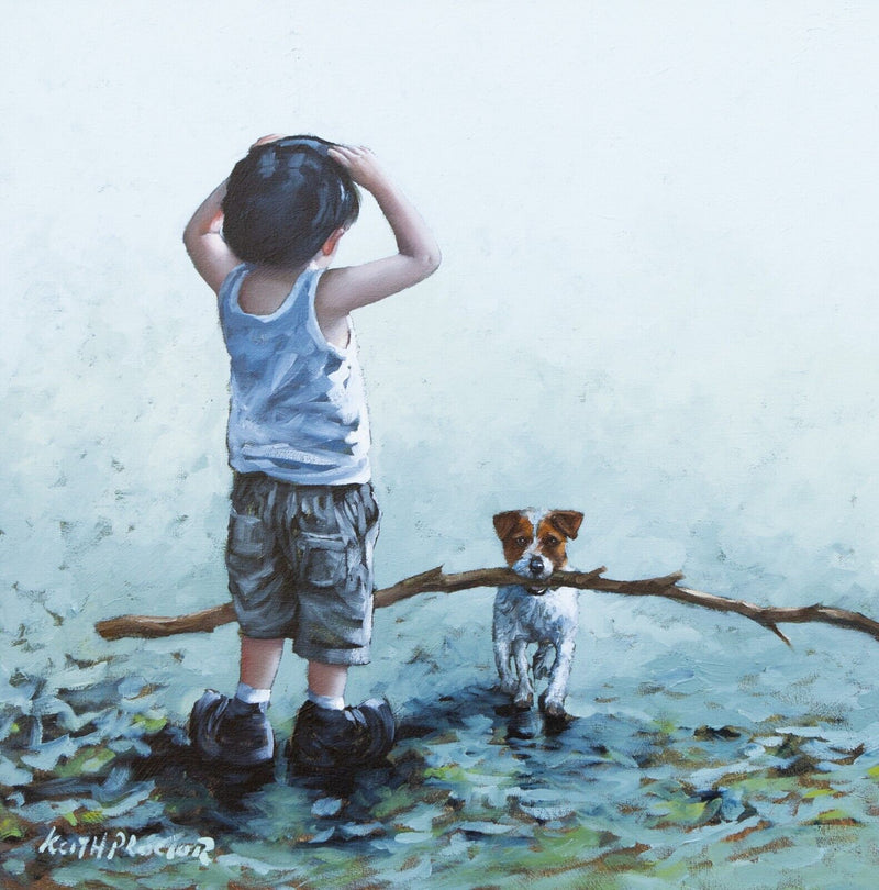 KEITH PROCTOR 'HOT DIGIDY DOG' BOY & TERRIER, LARGE ORIGINAL OIL PAINTING SIGNED
