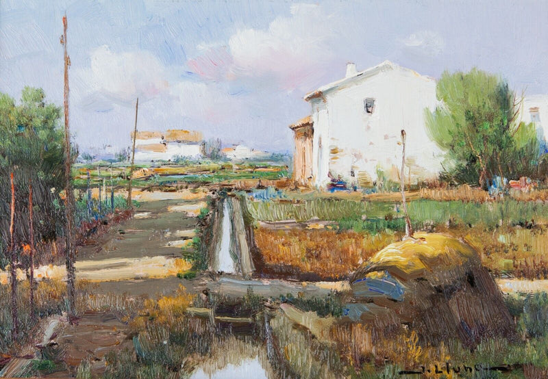 JUAN LLUNA LERMA, VALENCIA VILLAGE SCENE STUDY, OIL ON BOARD, SIGNED