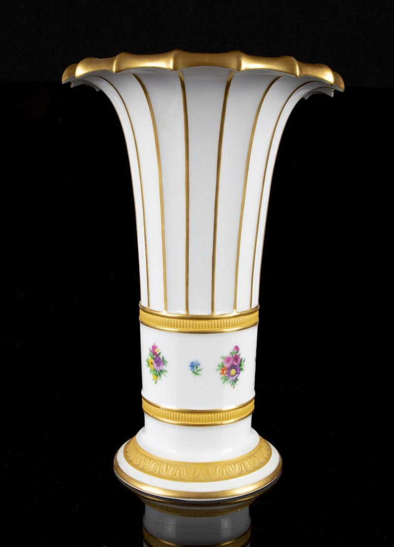 ROYAL COPENHAGEN 'HENRIETTE' PAINTED FLORAL GILT LARGE FLUTED TRUMPET VASE 8569