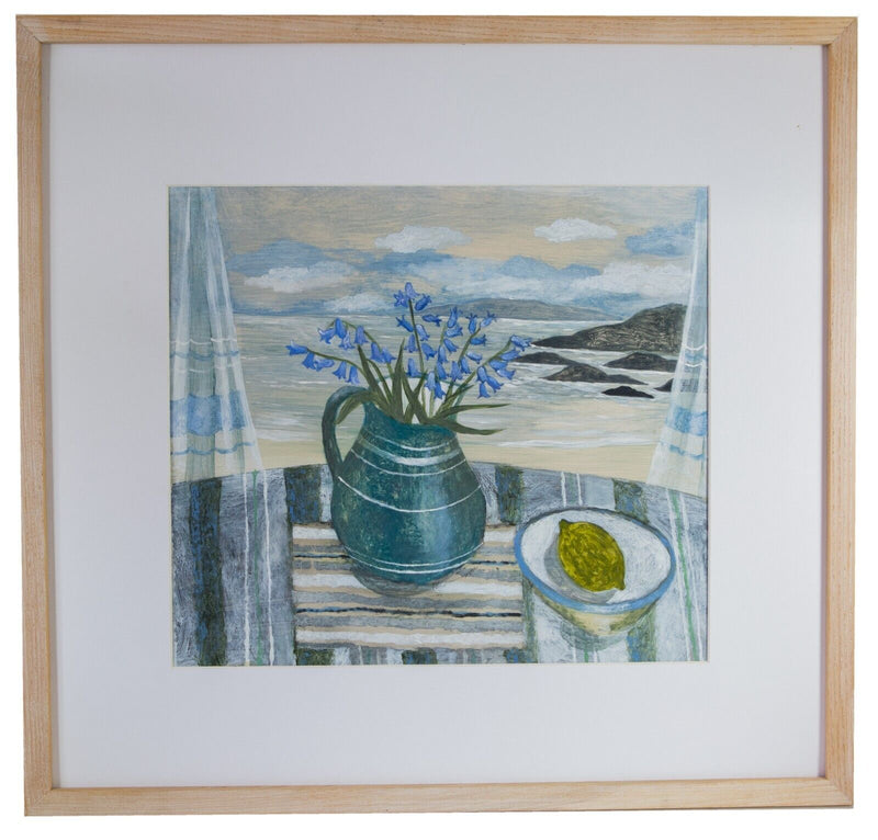 SARAH BOWMAN, BLUEBELLS AND A LEMON, STILL LIFE & SEASCAPE, OIL PAINTING, SIGNED