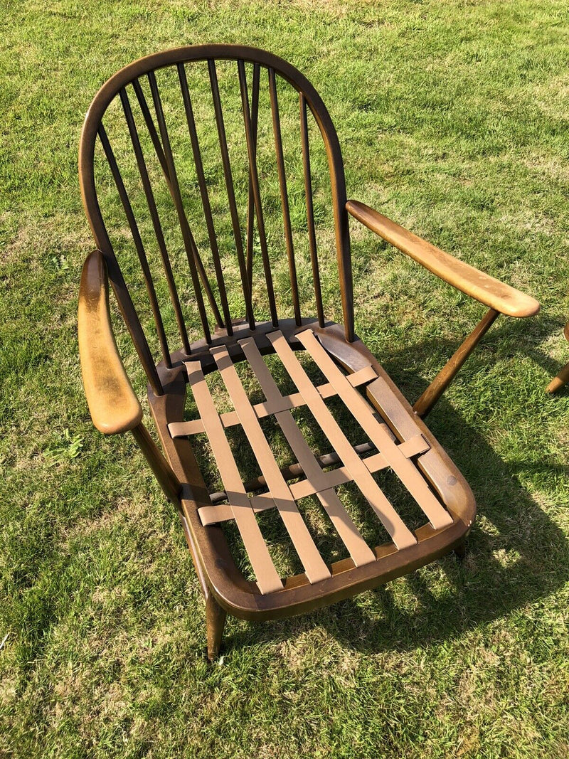 MID-CENTURY RETRO ERCOL WINDSOR No.203 EASY LOUNGE ARM CHAIRS PAIR & FOOTSTOOL