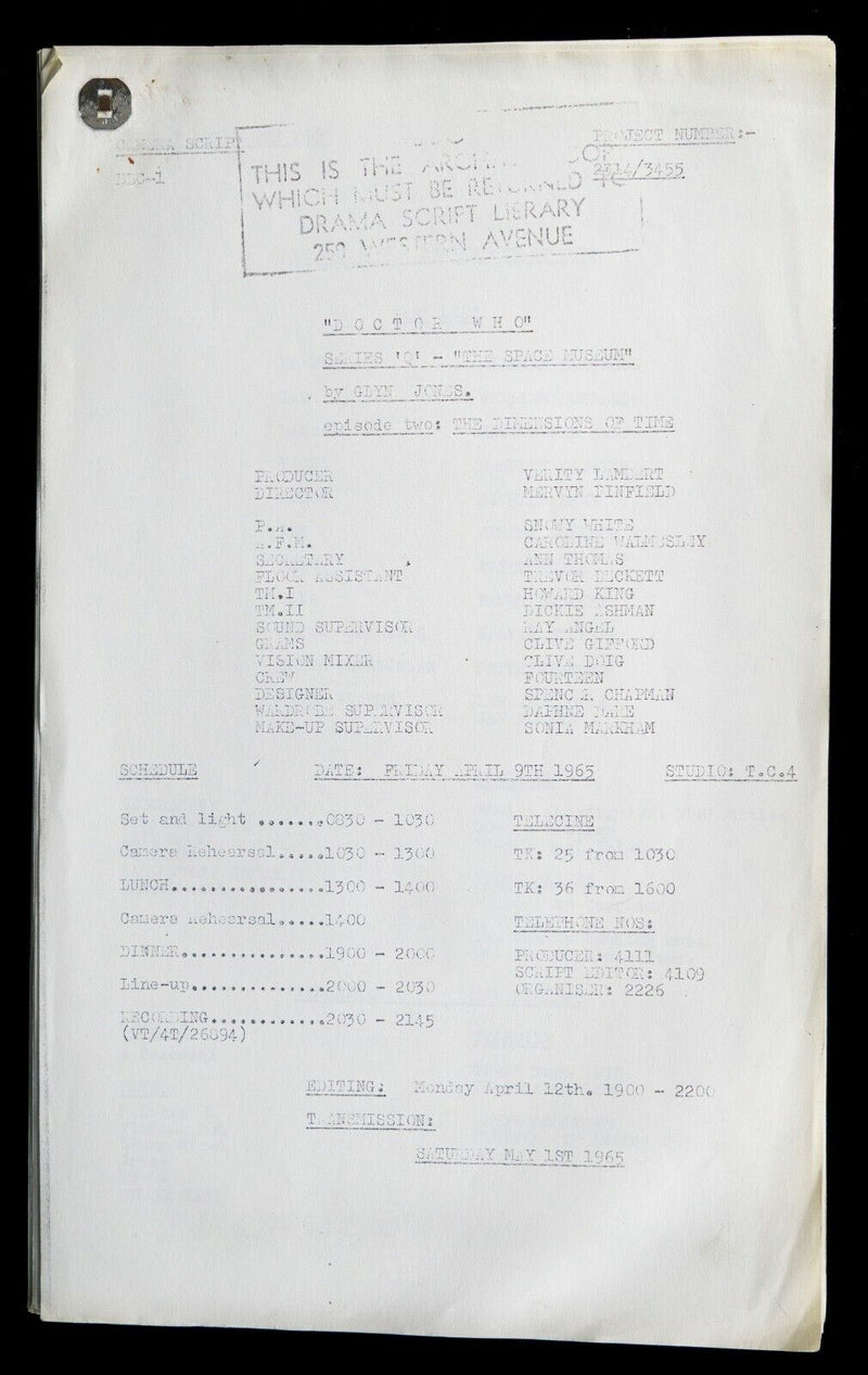 B.B.C DOCTOR WHO 'DIMENSIONS OF TIME' 1965 SERIES Q EPISODE 2 SCRIPT BY GLYN JONES