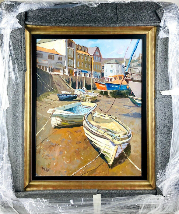 § TONY FORREST 'BOATS ON THE SAND' COASTAL HARBOUR, OIL ON CANVAS, SIGNED