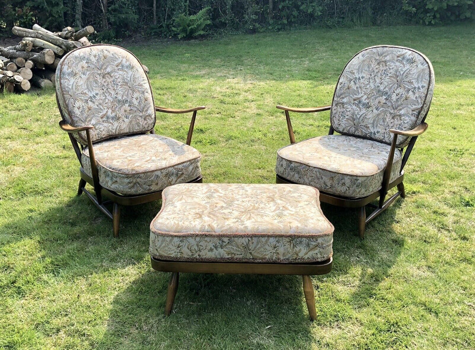 MID-CENTURY RETRO ERCOL WINDSOR No.203 EASY LOUNGE ARM CHAIRS PAIR & FOOTSTOOL