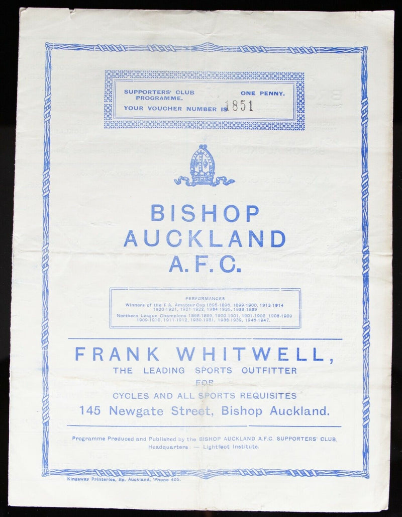 BISHOP AUCKLAND AFC v CROOK, 3/1/1948 NORTHERN LEAGUE FIXTURE FOOTBALL PROGRAMME