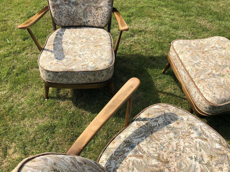 MID-CENTURY RETRO ERCOL WINDSOR No.203 EASY LOUNGE ARM CHAIRS PAIR & FOOTSTOOL