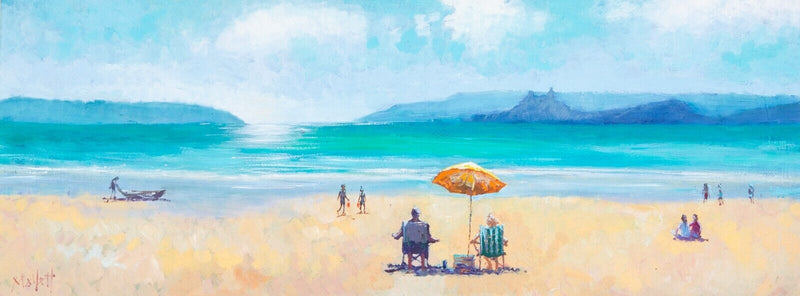TIMMY MALLETT 'BEACH TO OURSELVES I' LARGE COASTAL STUDY, OIL ON BOARD