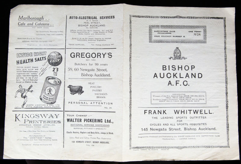 BISHOP AUCKLAND AFC v SHILDON 24/8/1949 LADY EDEN HOSPITAL DURHAM BOWL PROGRAMME