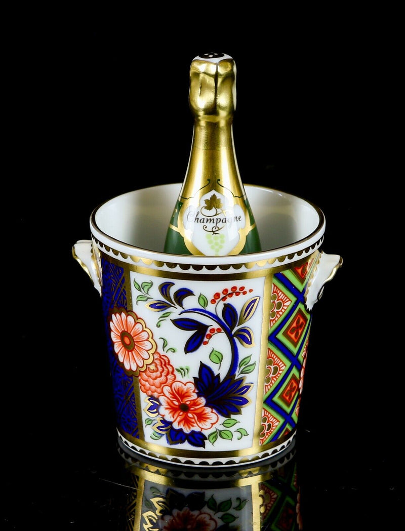 ROYAL CROWN DERBY - IMARI MINIATURE CHAMPAGNE BOTTLE & ICE BUCKET ORNAMENTS