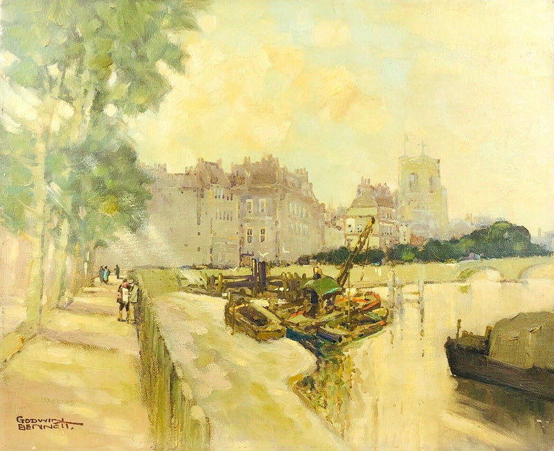 GODWIN BENNETT 'THAMES AT OLD CHELSEA' OIL ON CANVAS SIGNED