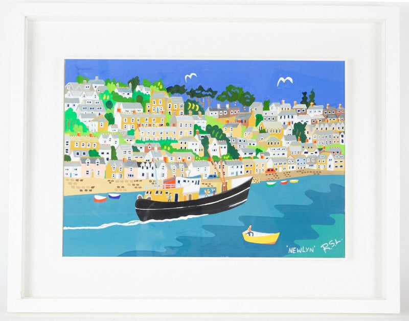 RICHARD LODEY 'NEWLYN' CORNISH SCENE ACRYLIC & GOUACHE ON BOARD, SIGNED