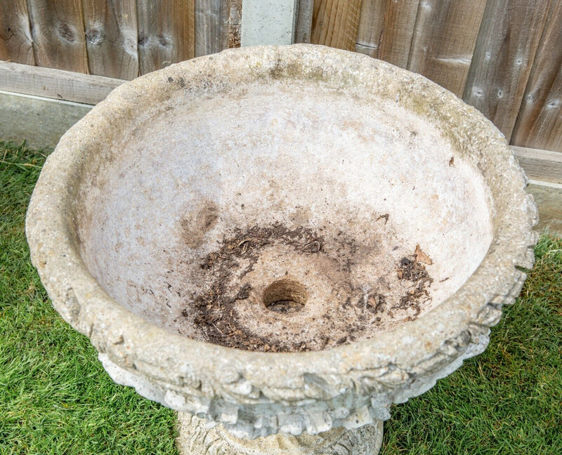 RECONSTITUTED STONE ROUND SHALLOW URN PLANTER ROUND PLINTH BASE GARDEN ORNAMENT