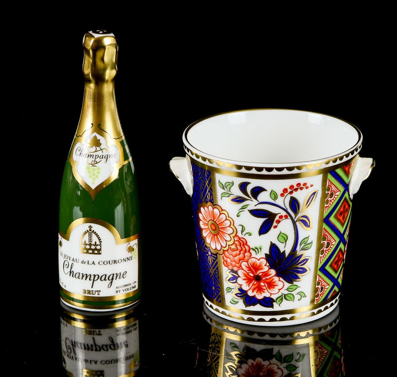 ROYAL CROWN DERBY - IMARI MINIATURE CHAMPAGNE BOTTLE & ICE BUCKET ORNAMENTS