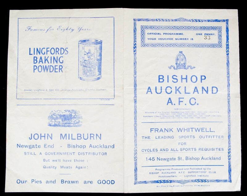 BISHOP AUCKLAND AFC v CROOK, 7/12/1946 NOTHERN LEAGUE CHAMP' FOOTBALL PROGRAMME