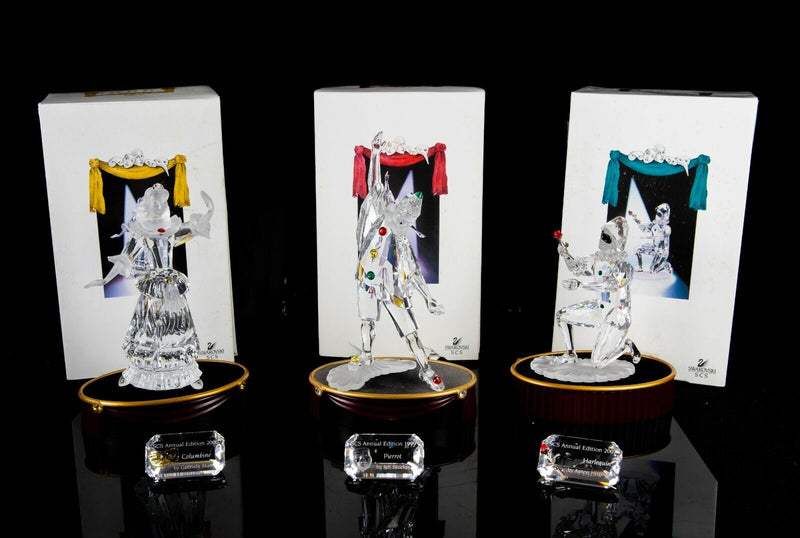 SWAROVSKI CRYSTAL, PIERROT COLUMBINE & HARLEQUIN, MASQUERADE FIGURE ORNAMENT SET