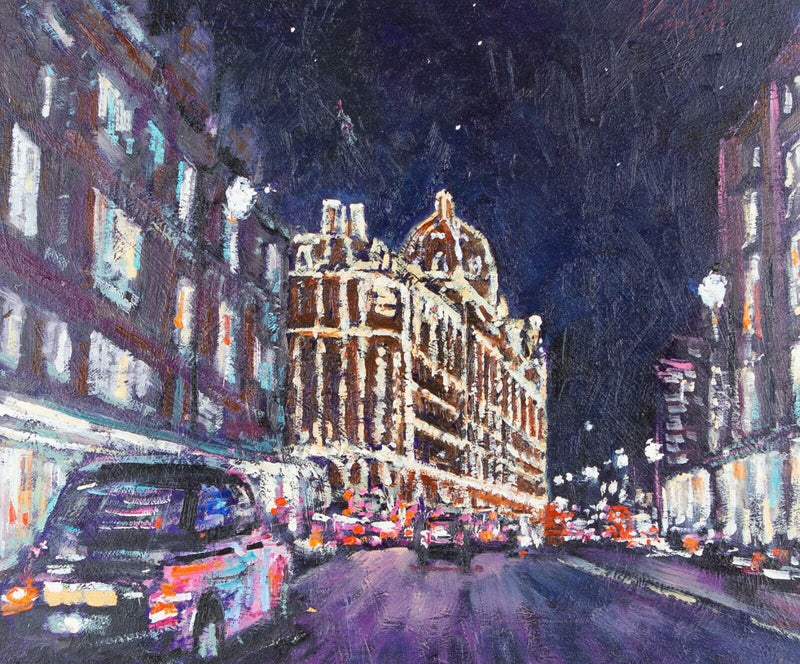 TIMMY MALLETT 'HARRODS AT NIGHT' LONDON CITY, OIL ON BOARD
