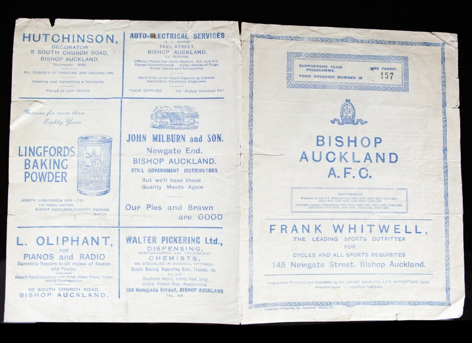 BISHOP AUCKLAND AFC v WYCOMBE WANDERERS 28/2/1948 FA AMATEUR CUP 4th R PROGRAMME