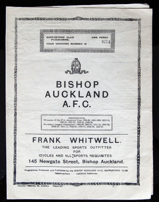 BISHOP AUCKLAND AFC v TOW LAW, 5/3/1949 NORTHERN LEAGUE FOOTBALL PROGRAMME