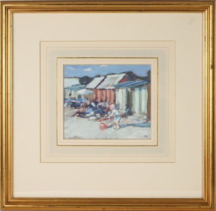 MARK ROWBOTHAM 'PLAYING BY THE BEACH HUTS' WATERCOLOUR & GOUACHE SIGNED