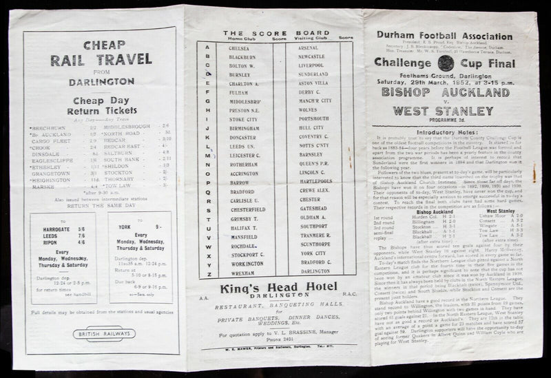 BISHOP AUCKLAND AFC v WEST STANLEY, 29/3/1952 DURHAM CH' CUP FINAL PROGRAMME