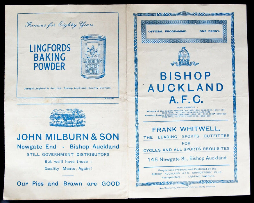 SHILDON v WEST AUCKLAND 9/6/1947 BISHOP AUCKLAND AFC MATCHDAY FOOTBALL PROGRAMME