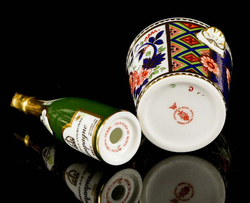 ROYAL CROWN DERBY - IMARI MINIATURE CHAMPAGNE BOTTLE & ICE BUCKET ORNAMENTS